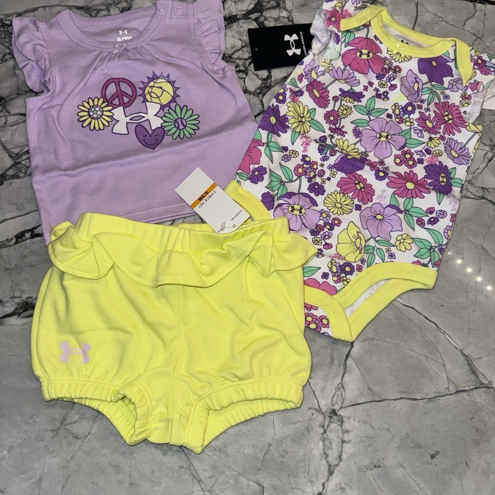 Under Armour 0-3 Months Purple Yellow Bright Floral Summer 3pc Outfit NEW
